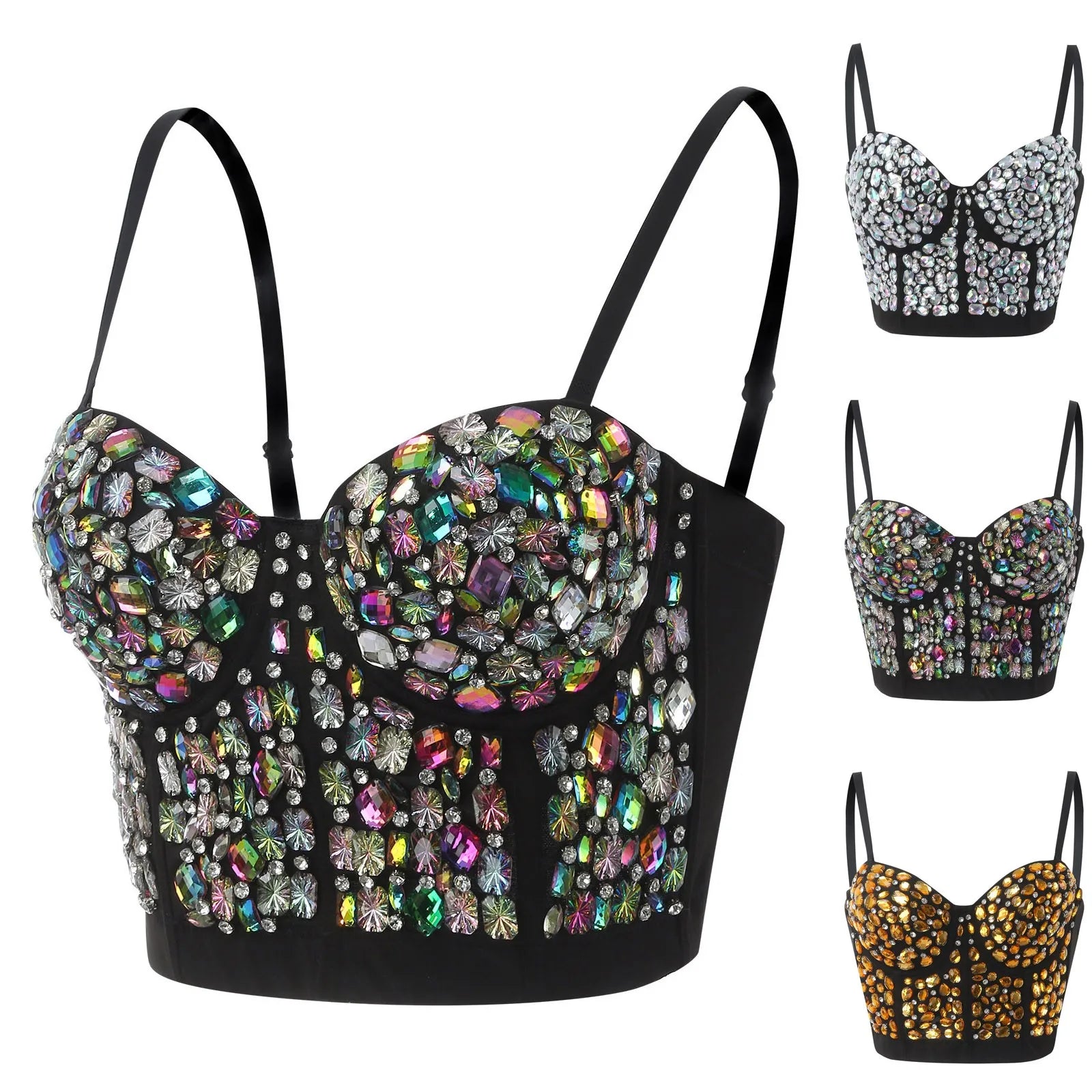 Rhinestone Embellished Bustier Corset Top with Structured Cups and Straps