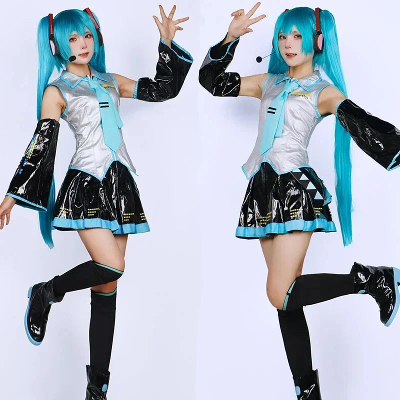 Metallic Silver and Black Futuristic Idol Uniform with Pleated Skirt and Blue Tie