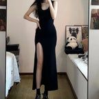 Anime-Inspired Elegant Side Slit Gothic Maxi Dress with Minimal Streetwear Style