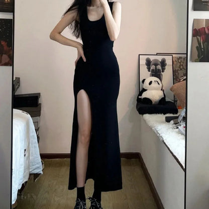 Anime-Inspired Elegant Side Slit Gothic Maxi Dress with Minimal Streetwear Style