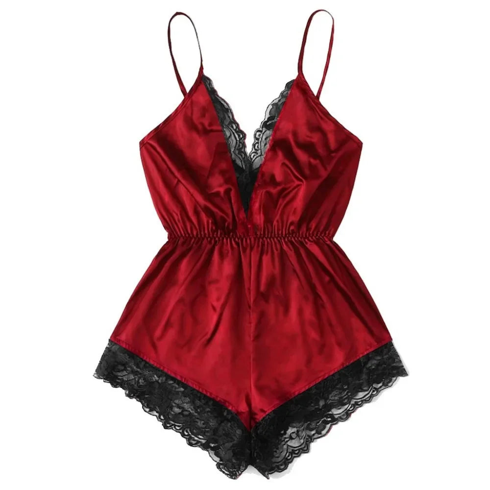 Sleek Satin-Finish Romper Teddy with Plunging V-Neckline and Eyelash Lace Trim