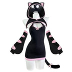 Women's Cat-Inspired Knit Dress with Hood, Paw Sleeve Covers and Matching Tail Accessory