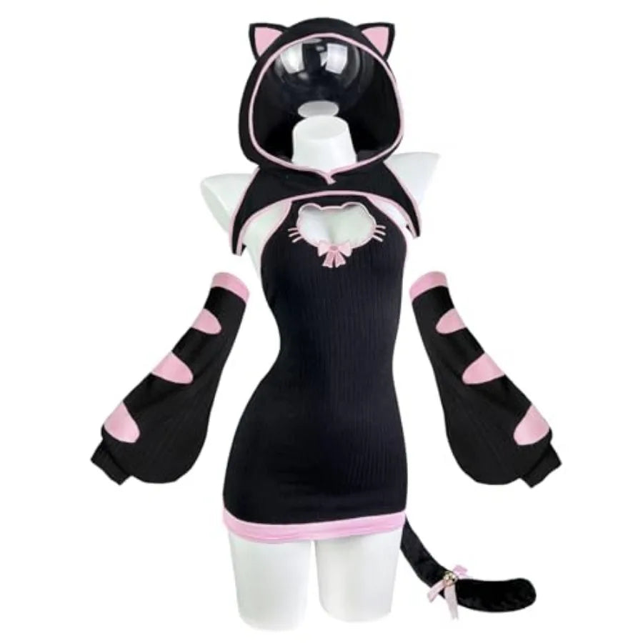 Women's Cat-Inspired Knit Dress with Hood, Paw Sleeve Covers and Matching Tail Accessory