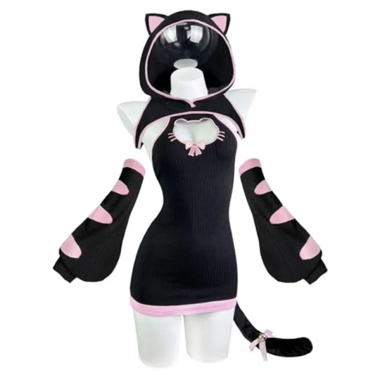 Women's Cat-Inspired Knit Dress with Hood, Paw Sleeve Covers and Matching Tail Accessory
