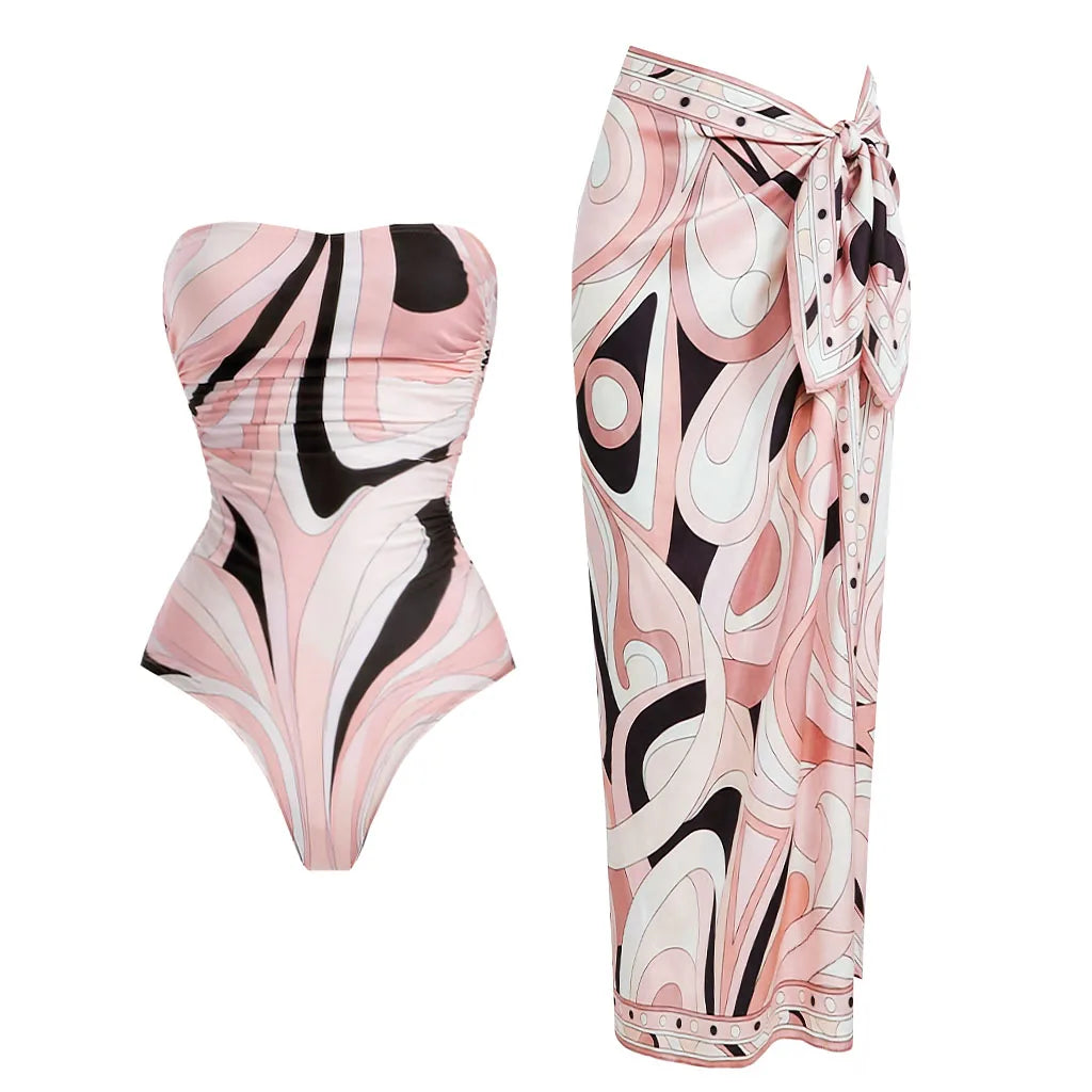 Retro Swirl Print Bandeau Swim Set with Matching Cascading Sarong