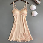 Women's Satin-Look Mini Nightgown with V-Neck and Lace Trim, Sleeveless Slip Dress, Delicate Summer Sleepwear