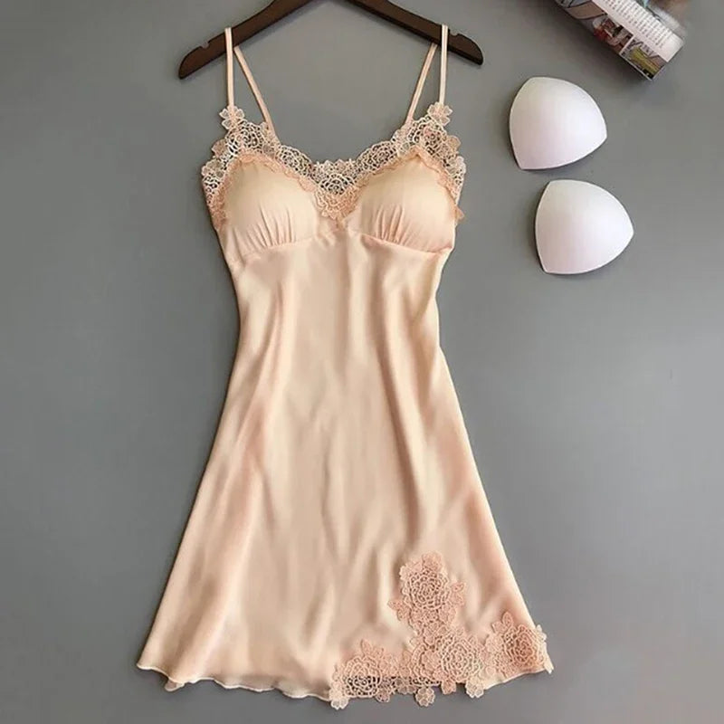 Women's Satin-Look Mini Nightgown with V-Neck and Lace Trim, Sleeveless Slip Dress, Delicate Summer Sleepwear