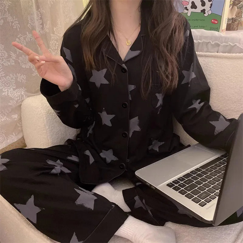Women's Printed Pajama Co-Ord Set Relaxed Long Sleeve Loungewear Outfit