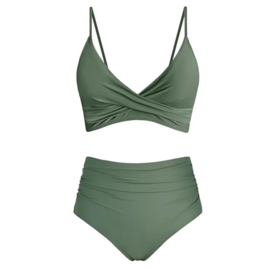 Women's High-Waisted Twist-Front Bikini Set with Ruched Detailing, Spaghetti Straps and Two-Piece Swimwear Silhouette