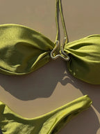 Solid Olive Green Bandeau Halter Bikini with Metallic Center Hardware