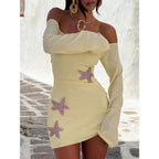 Off Shoulder Knit Mini Dress with Decorative Appliqué Y2K Inspired Style