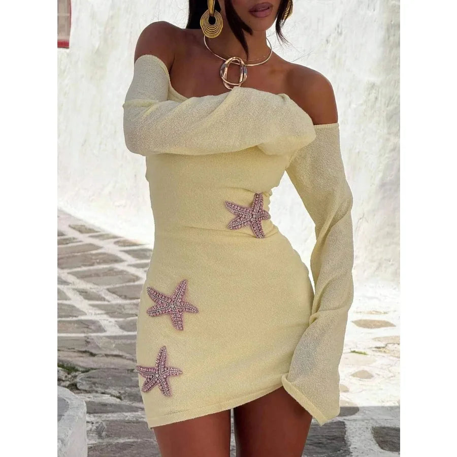 Off Shoulder Knit Mini Dress with Decorative Appliqué Y2K Inspired Style