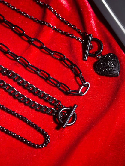 Dark Feminine Layered Chain Necklace Set with Heart Charm Accent