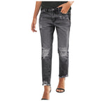 Women's Distressed Slim Straight Denim Jeans with Frayed Knee Details and Casual Streetwear Style