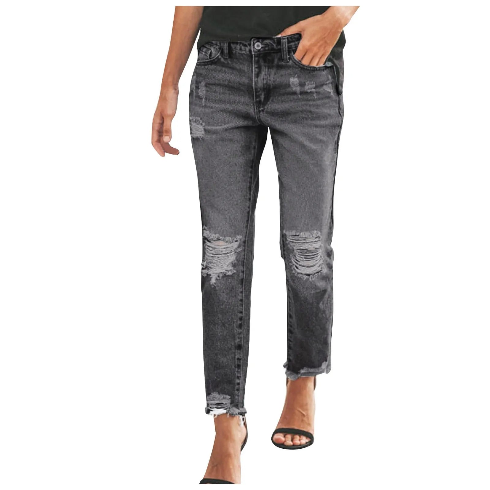 Women's Distressed Slim Straight Denim Jeans with Frayed Knee Details and Casual Streetwear Style