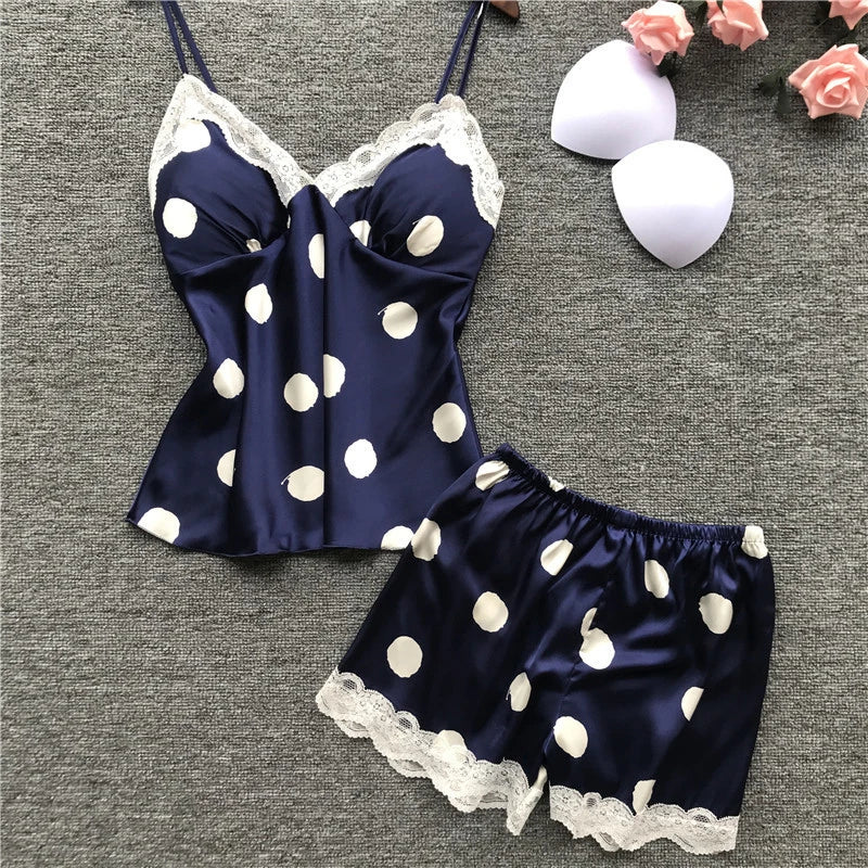 Classic Polka Dot Satin-Finish Camisole and Shorts Sleep Set with Scalloped Lace Trim