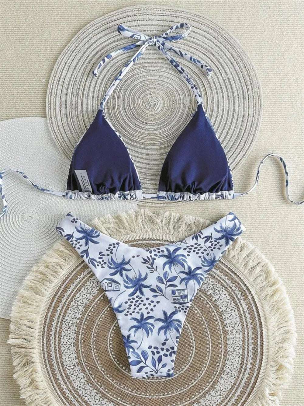 Vintage Blue Toile Print Triangle Bikini with High-Cut Silhouette