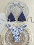 Vintage Blue Toile Print Triangle Bikini with High-Cut Silhouette
