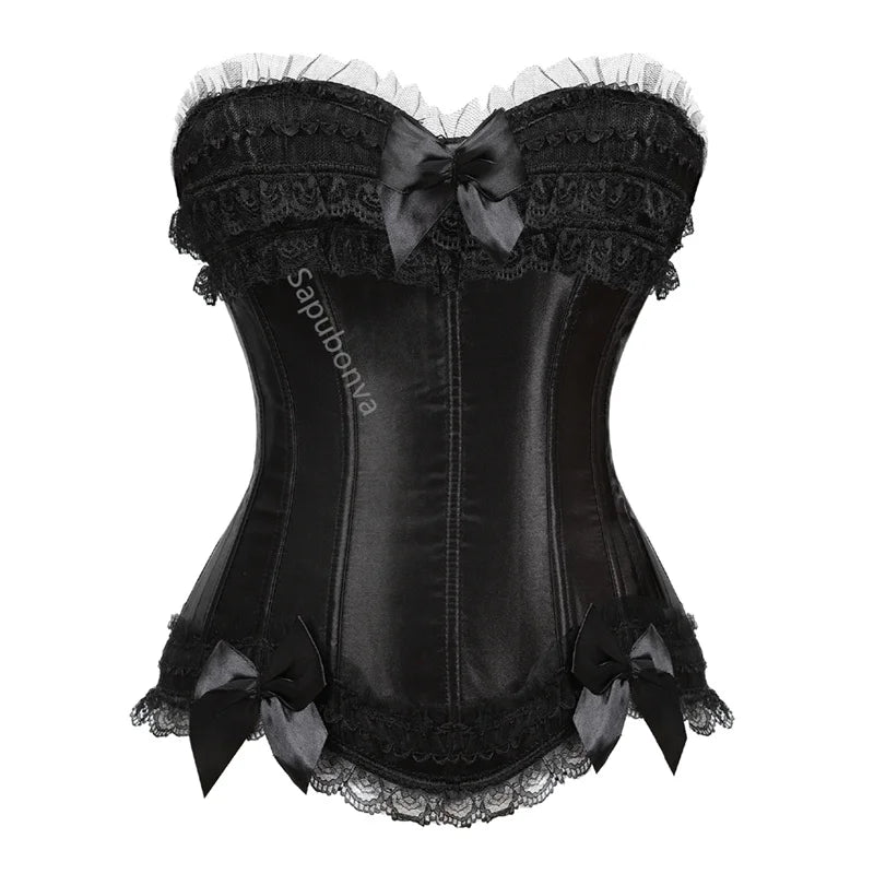 Luminous White Satin Overbust Corset with Ruffled Lace Trim and Bow Detailing