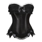 Luminous White Satin Overbust Corset with Ruffled Lace Trim and Bow Detailing
