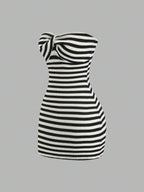 Striking Red and White Striped Strapless Bodycon Tube Dress