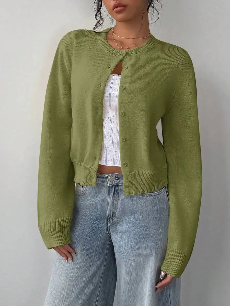 Women's Cropped Crew Neck Relaxed Fit Minimalist Knit Sweater