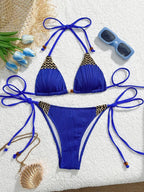 Pastel Pink Textured Triangle Bikini with Woven Bead Trim