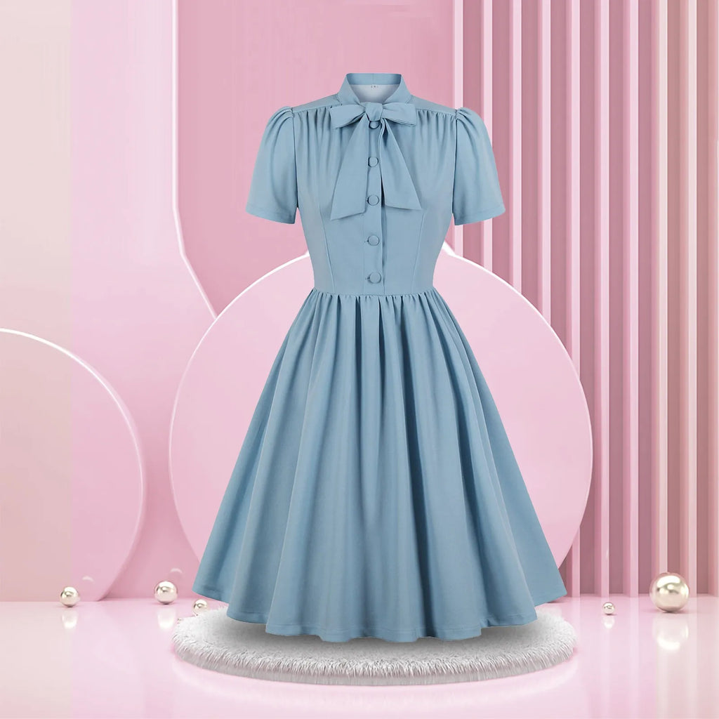 Retro Preppy Light Blue Midi Dress with Bow Collar and Button Bodice