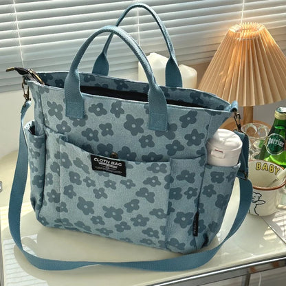 Textured Floral Pattern Utility Tote Bag with Multi Pocket Storage