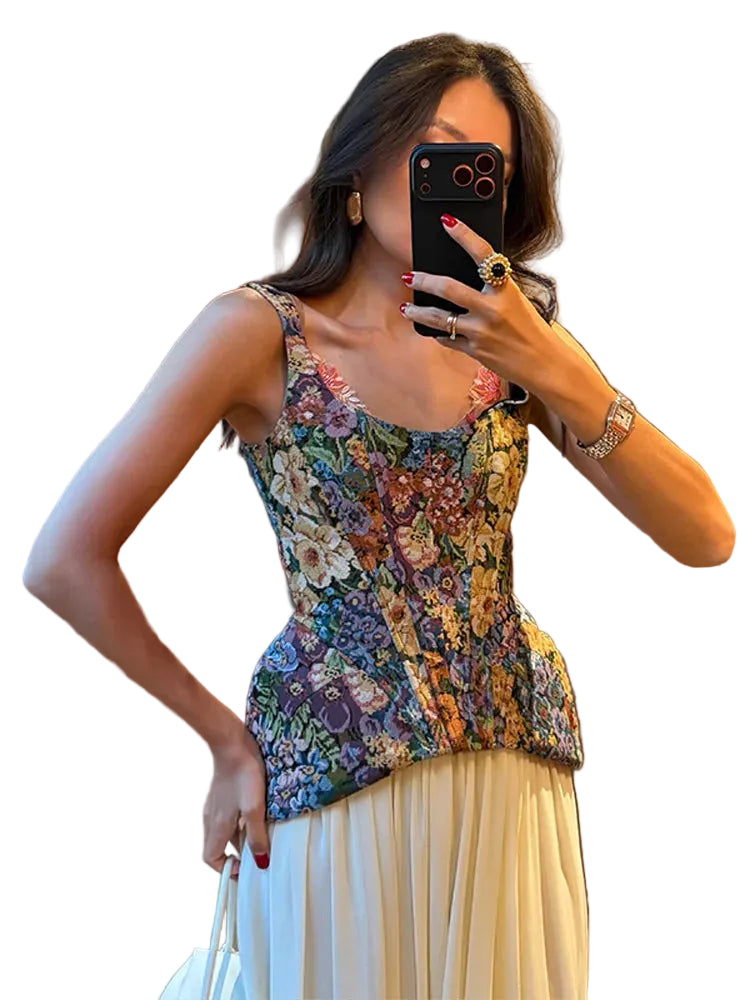 Multicolored Floral Tapestry Tank Top with Peplum Hem and Wide Straps