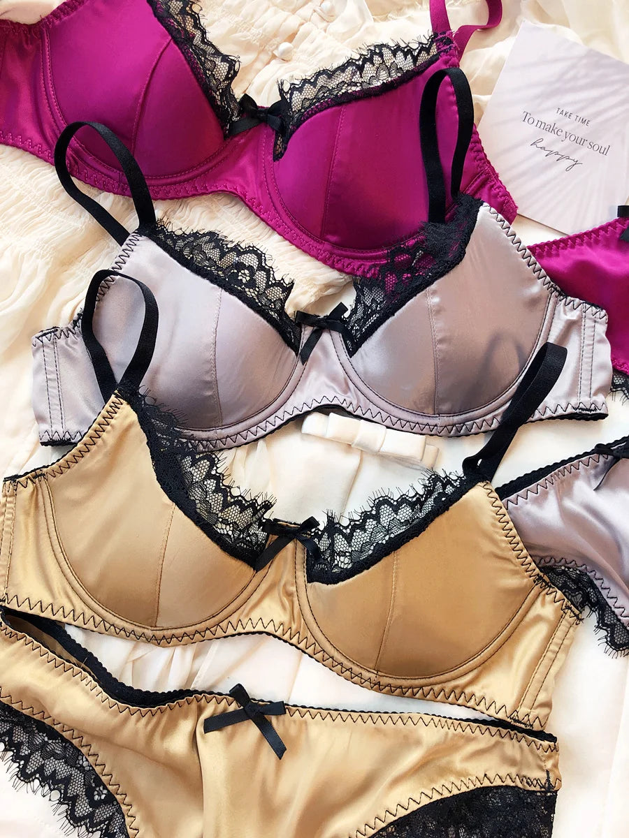 Smooth Satin-Finish Plunge Bra and Panty Set with Black Lace Trim