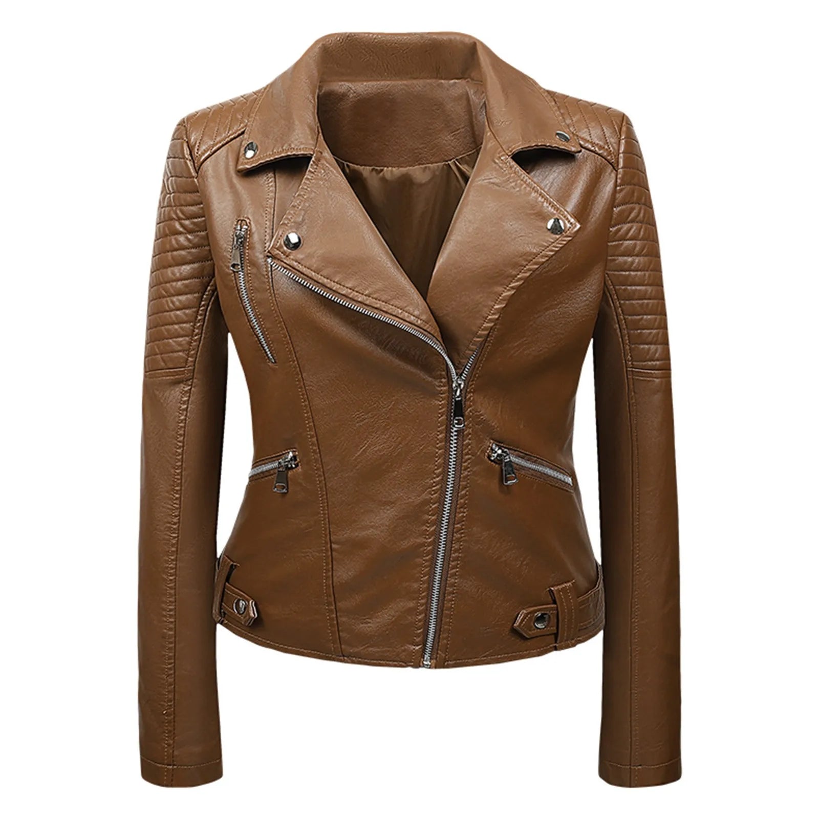 Women's Cropped Faux Leather Moto Jacket with Zip Front Contemporary Streetwear Silhouette