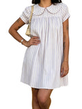 Ruffle Yoke Short Sleeve Relaxed A-Line Mini Dress with Vertical Stripe Design
