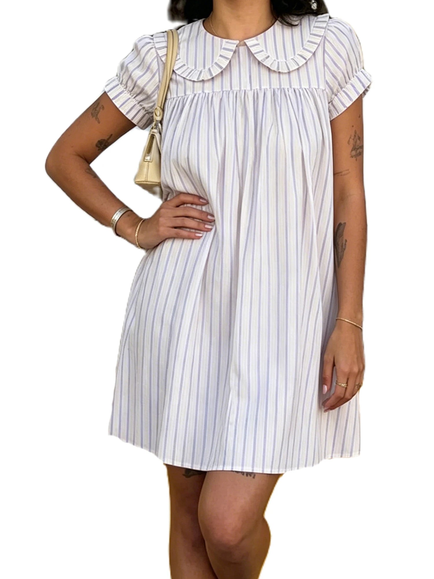 Ruffle Yoke Short Sleeve Relaxed A-Line Mini Dress with Vertical Stripe Design