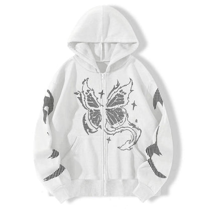 Oversized Butterfly Graphic Zip Hoodie with Contemporary Streetwear Style