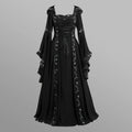 Dramatic Gothic Maxi Dress with Flared Sleeves and Ornate Trim