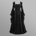Dramatic Gothic Maxi Dress with Flared Sleeves and Ornate Trim