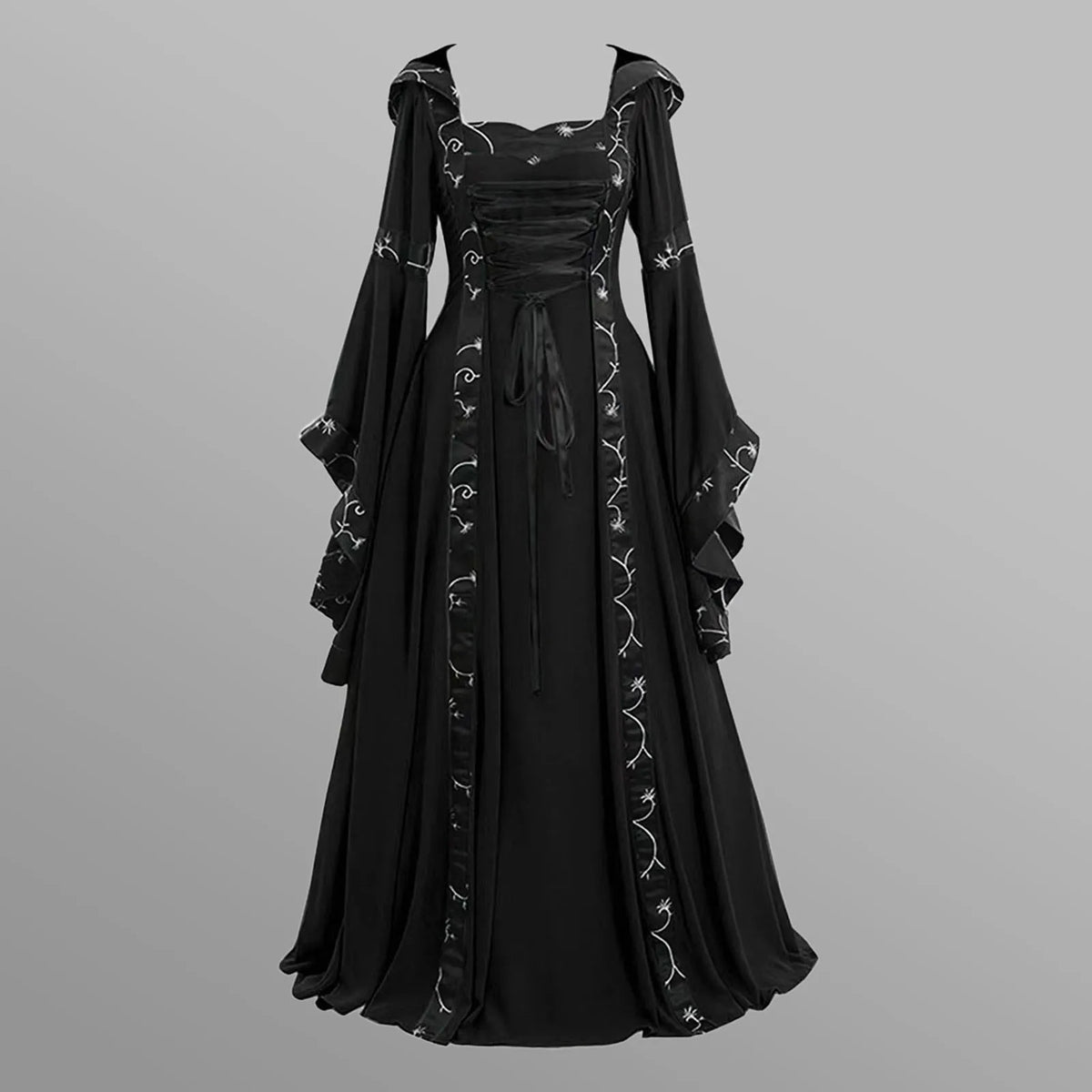 Dramatic Gothic Maxi Dress with Flared Sleeves and Ornate Trim