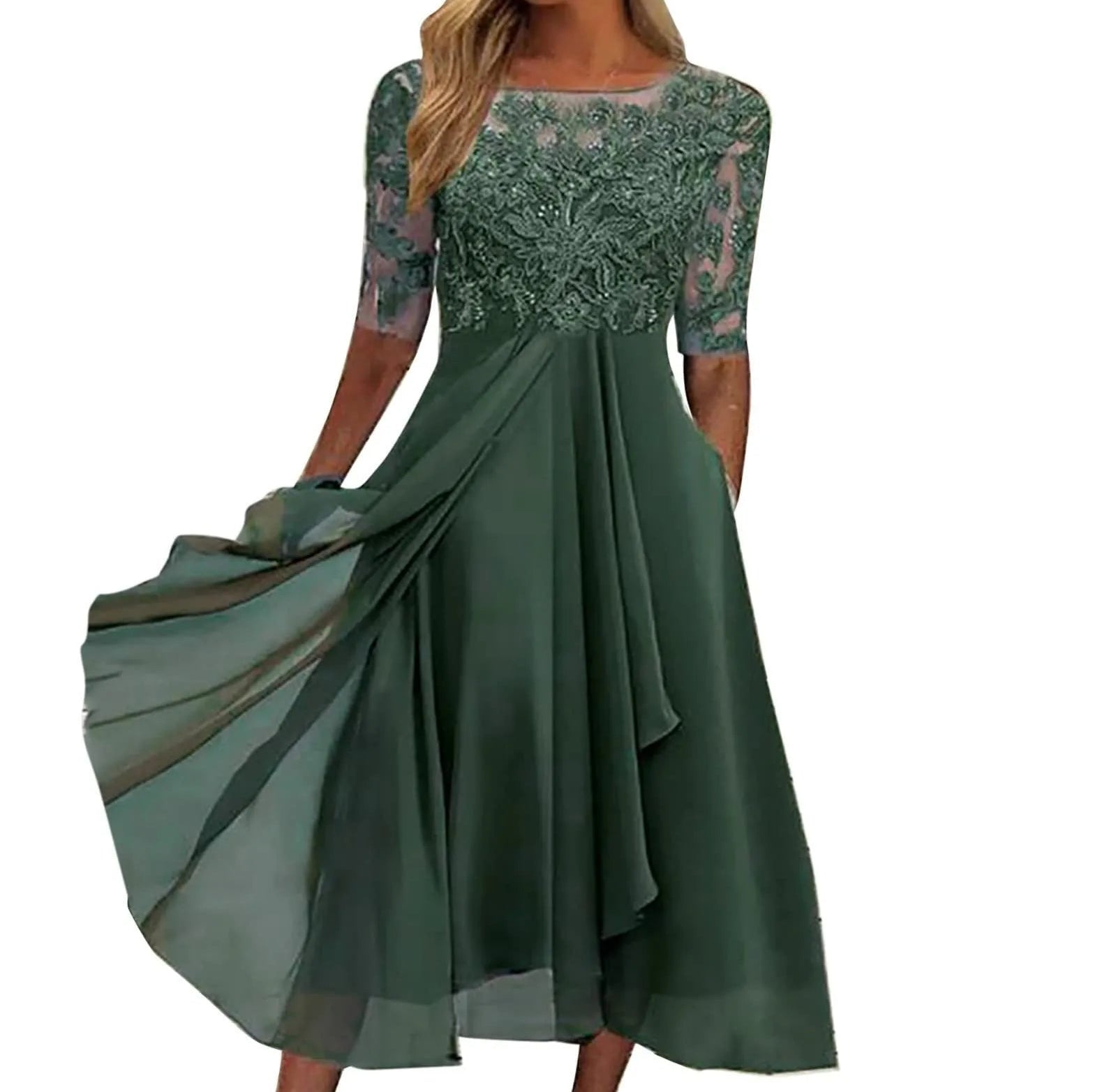 Flowing Embellished Midi Dress With Layered Chiffon Movement