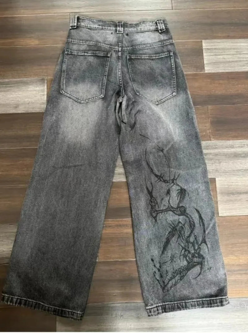 Men's Vintage Washed Wide Leg Denim Jeans with Graphic Artwork and Relaxed Streetwear Fit