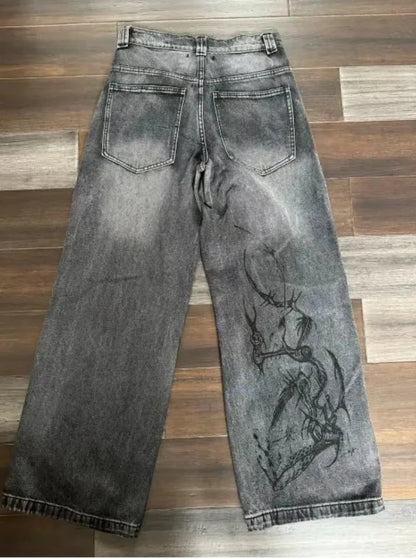 Men's Vintage Washed Wide Leg Denim Jeans with Graphic Artwork and Relaxed Streetwear Fit