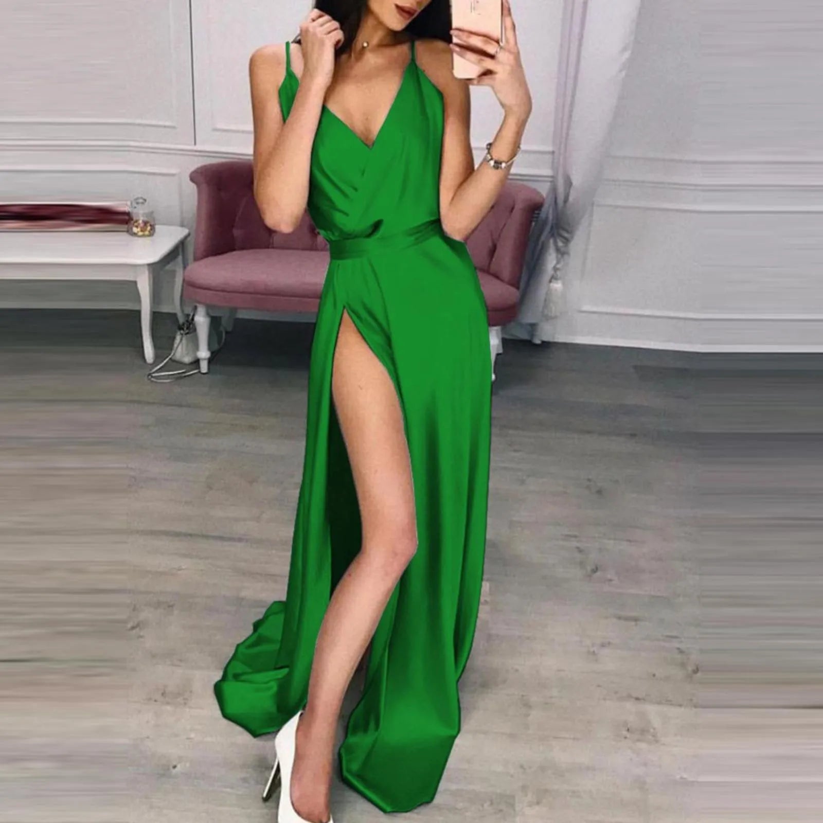 Satin Inspired Maxi Dress With Deep Neckline And Side Slit
