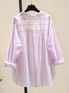 Minimalist Pink Striped Popover Blouse with Contrast White Collar