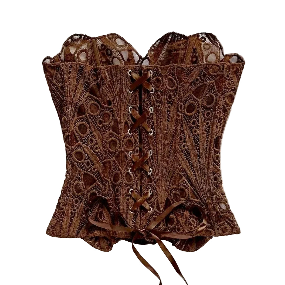 Intricate Brown Sheer Floral Lace Strapless Corset with Front Ribbon Tie