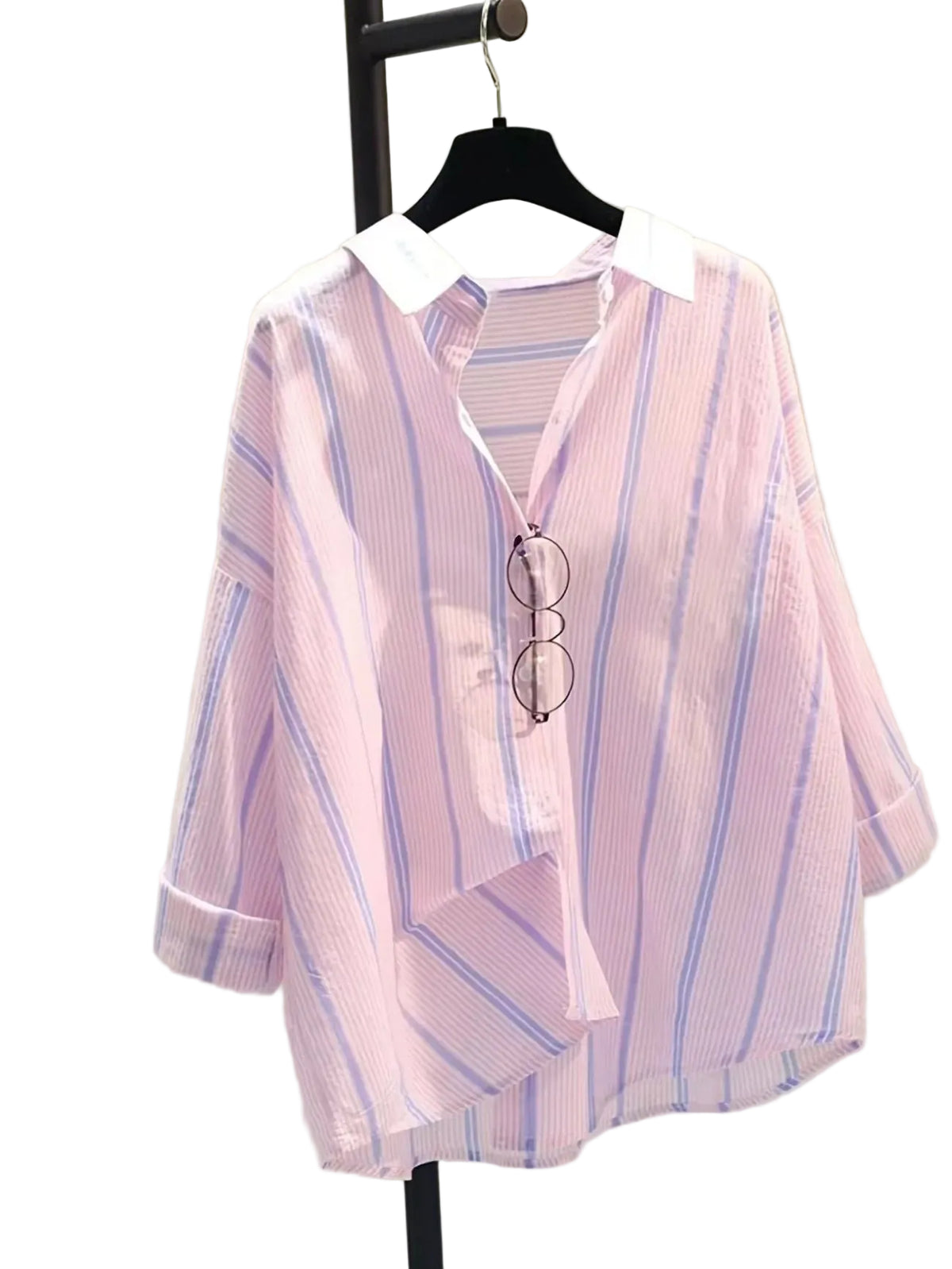 Minimalist Pink Striped Popover Blouse with Contrast White Collar
