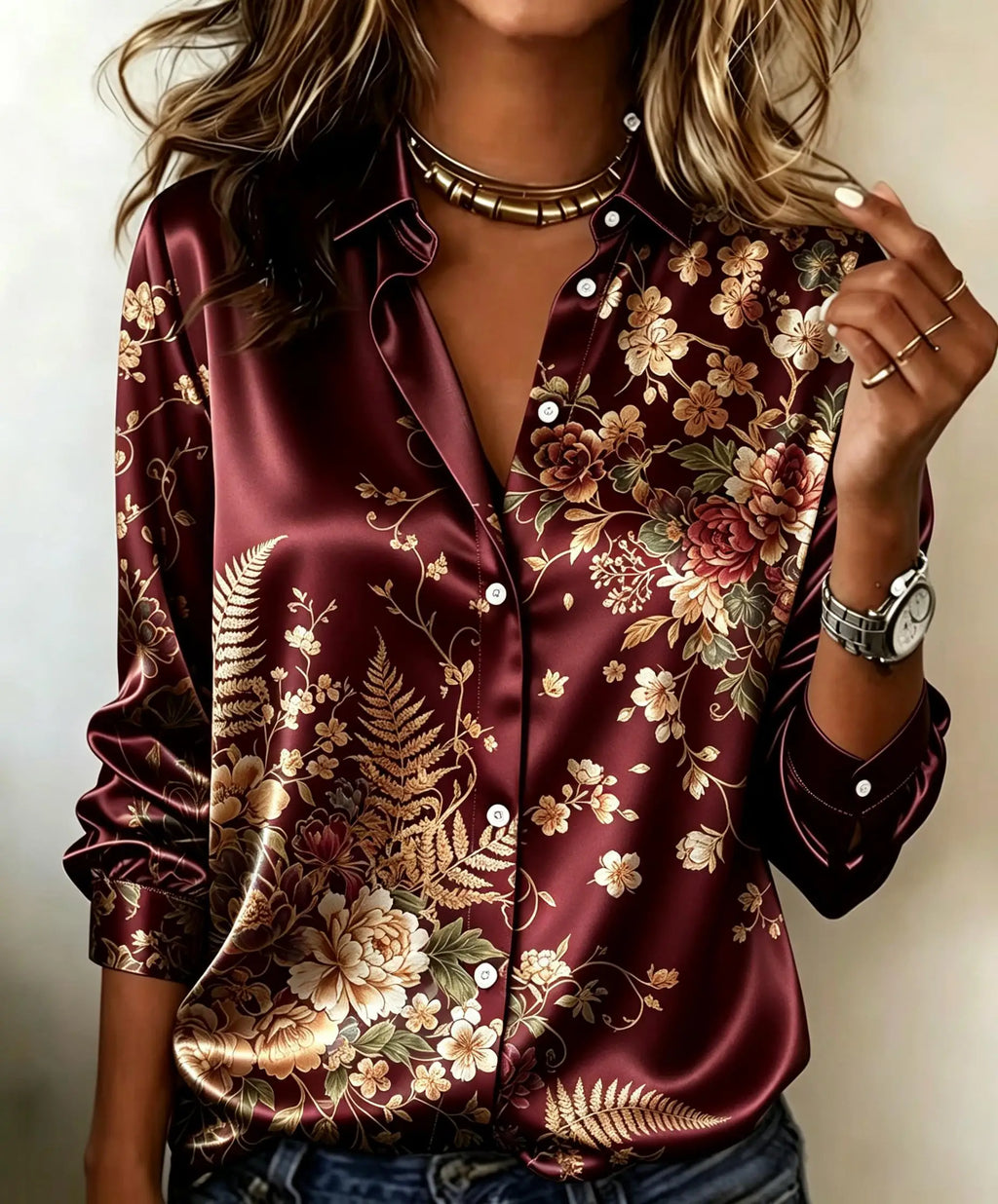 Vintage-Inspired Botanical Print Satin-Finish Button-Down Shirt