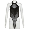 Heart Panel Mesh Halter Bodysuit for Romantic Gothic Alternative Fashion
