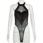 Heart Panel Mesh Halter Bodysuit for Romantic Gothic Alternative Fashion