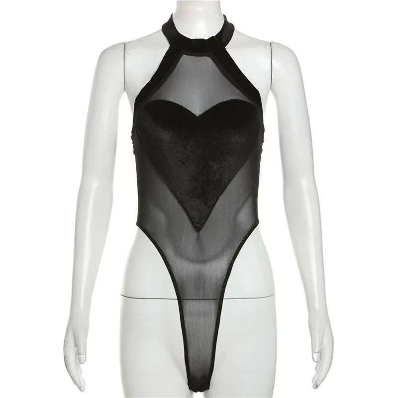 Heart Panel Mesh Halter Bodysuit for Romantic Gothic Alternative Fashion