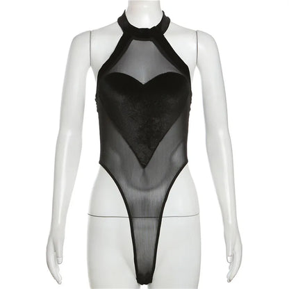Heart Panel Mesh Halter Bodysuit for Romantic Gothic Alternative Fashion